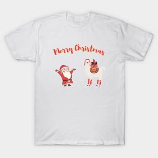 Merry Christmas with Santa and cute alpaca T-Shirt